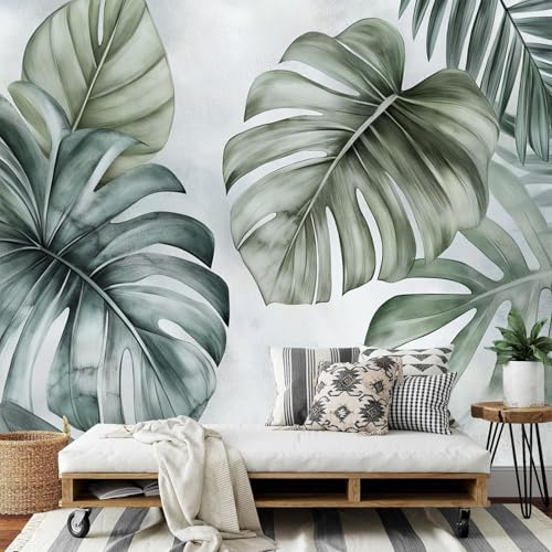 DLERFLOVR Papier Peint Panoramique Monstera Gris - - Revêtement mural décoration salon - Style Rétro 3D Poster Geant pour Salon Chambre restaurant Décoration