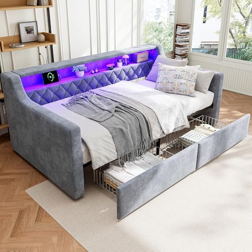 LTGB Upholstered Bed, 3ft Single Bed 90x190cm, Daybed Sofa Bed with Light Strip, Charging Port, 1 Type A +1 Type C,2 Drawers on Wheels, For Adults & Teenagers, Easy Assembly, Velvet, Grey
