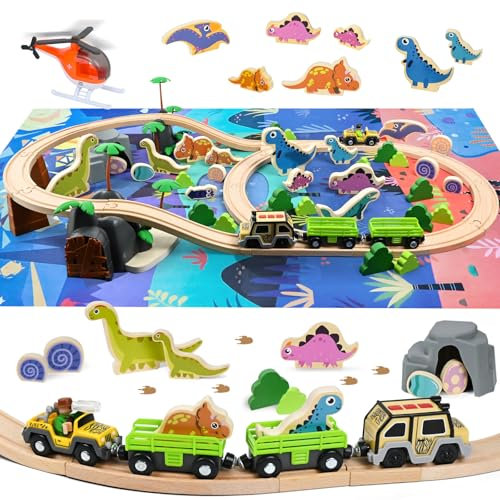 Joellfuner Set di 80 Pezzi Binari Trenino Legno con Dinosauri, Aerei e Treni in Legno, Giocattoli Treno Elettrico Compatibile con le Principali Marche, Regali di Compleanno e di Natale per Bambini