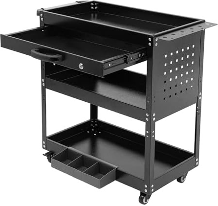 XUEMANSHOP Verkstadsvagn, 3 nivåer verktygsvagn med hjul, lådor och 10 krokar, lastkapacitet 250 kg, verkstad, rullvagn med lås, 77,6 x 81 x 35,66 cm (svart)