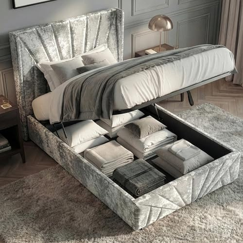 Blisswood Single Ottoman Bed Frame, Velvet Upholstered Bed Frame with Headboard, UKFR Wooden Ottoman Storage Bed with Gas Lift End Opening, 3ft Small Bedroom Furniture (Crushed Velvet,100 x 205 cm)