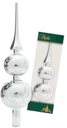 Krebs Glas Lauscha - Weihnachtsdekoration/Christbaumschmuck aus Glas - Dekor. Doppelspitze Glanz mit weißer Glitzerdeko - Farbe: Silber - Größe: ca. 33 cm