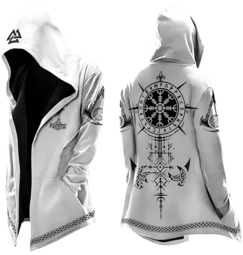 Cárdigan vikingo para hombre, estampado de mito nórdico, gabardina, medieval, de longitud media, chaqueta con capucha, runas medievales, chaqueta de motociclista, estilo urbano, cárdigans, chaqueta de