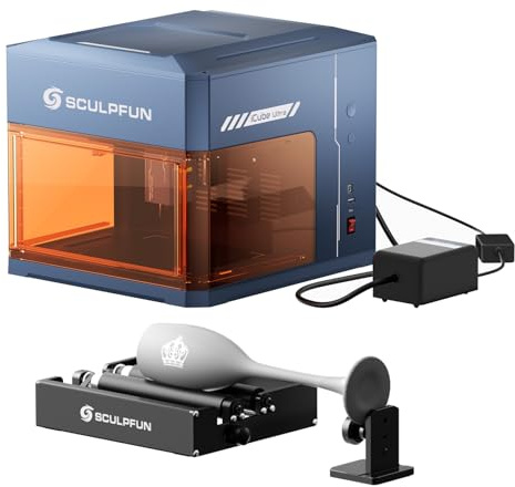 SCULPFUN iCube Ultra 12W Laser Graviermaschine, Desktop Laser Cutter mit laser rotary roller, Air assist, für Holz, Leder, Acryl, 150x150mm Arbeitsbereich mit Auto-Fokus & Rauchfilter