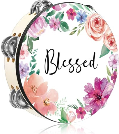 Fiada Tambourines for Adults 10 Inch Church Christian Flowers Dance Tambourine Double Row Jingle Bible Hand Bell Drum for Church Pray Party Percussion Musical Instrument Hand Bell Clap Drum(Blessed)