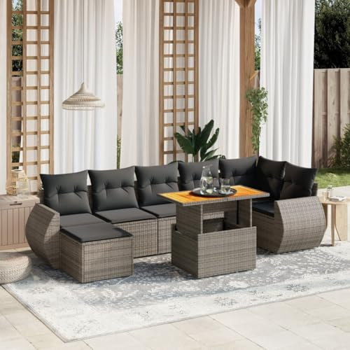 QJBSAVVA Ensemble de 8 meubles de jardin en rotin - Gris - 100 x 55 cm - Table réglable en hauteur - Groupe de sièges modulaires avec coussins - Résistant aux UV - Robuste - Pour balcon, terrasse