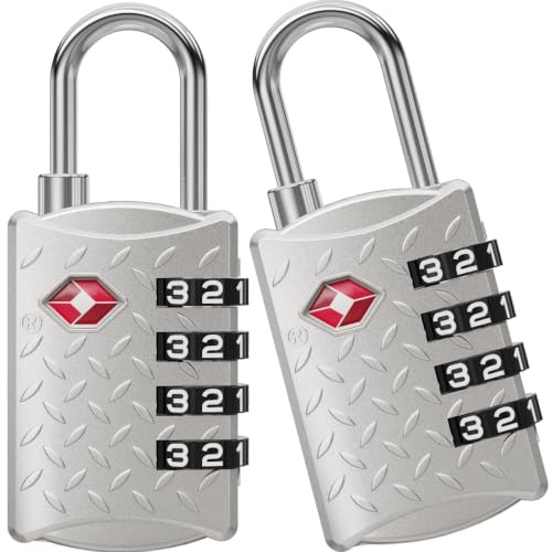 NOVLOCK TSA-godkänt bagagelås med 4-siffrig kod – räfflad, halkfri yta – kompatibelt för USA-resor – reselås för resväskor, ryggsäckar och handbagage – 2-pack, silver