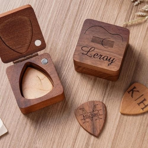 Gitarrenplektrum aus Holz mit Halter, personalisierbar, Aufbewahrungsbox, graviertes Andenken (1 Box + 1 Plektrum)