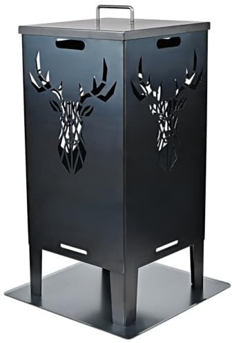 SOUK ONE Eldtunna hjort & lejon – massiv eldkorg, eldskål av stål, utomhus, firepit med motiv stabil, väderbeständig, perfekt för trädgård, terrass, flygskydd, klippdesign (50 cm hjortset)