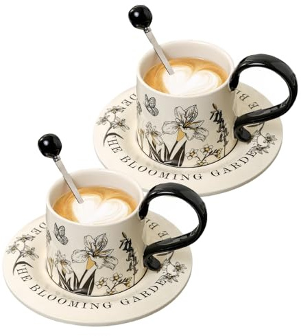 Tazze | Set da 260 ml con Piattino e Cucchiaino,Da Cappuccino Realizzata In Ceramica - Per Cappuccino, Latte, Cacao, Succo, Birra, Uso in Cucina, Bar, Ristorante, Casa, Occasioni come Compleanno e