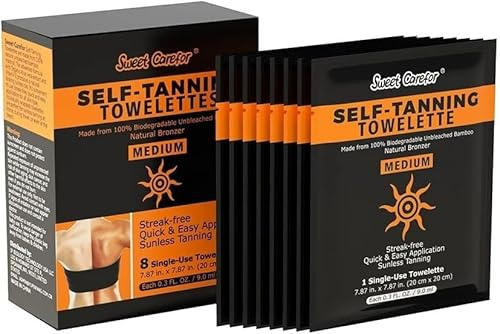 Premium Brand SunGlow Self-Tanning Towelettes – 8 Individually Wrapped Wipes – Streak-Free, Natural-Looking Tan in 2–4 Hours 8 Individually wrapped wipes per box Face & Body Sunless Tanning