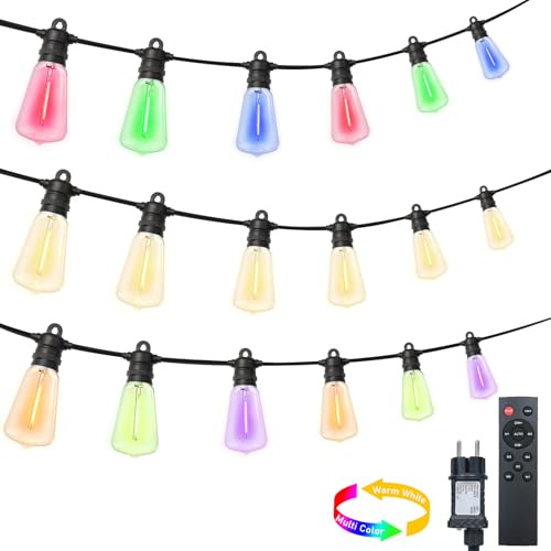 LED Lichterkette Außen Strom, 15M Warmweiß und Bunt Lichterkette, 24 ST38 Glühbirnen Lichterkette Outdoor, 8 Modi|4 Dimmbar|Timer|IP68, Aussen Lichterketten für Balkon, Garten, Terrasse, Party Deko