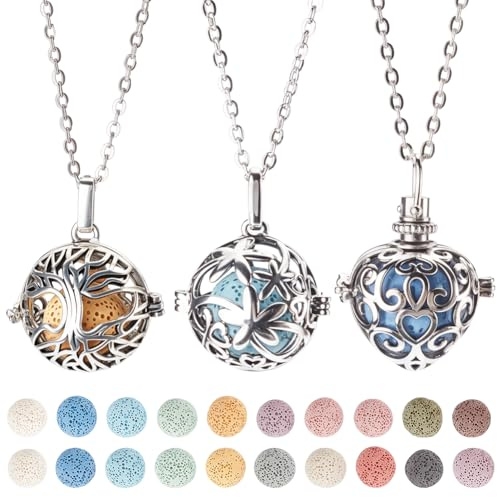 WEBEEDY 3 Styles Essential Oil Diffuser Necklace with 20 Refill Balls, Love heart and Hollow Ball Locket Pendant Scent Perfume Necklace Aromatherapy Gift for Anniversary Travel Yoga Jewelry