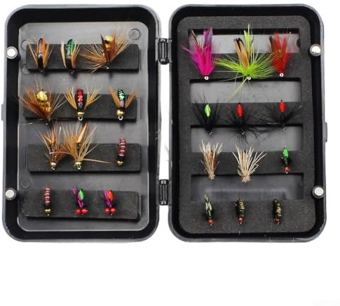 Juego de moscas de pesca con mosca de 32 o 24 piezas que combinan moscas secas, moscas húmedas, ninfas e imitaciones para trucha de río, pantano para pesca de lubina (C-24 piezas)
