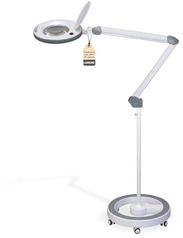 Lumeno dimmbare LED Lupenleuchte 8513GR mit großer 152 mm Echtglaslinse, einstellbare Helligkeitsstufen, geeignet als Arbeitsleuchte, Lupenlampe, Lesehilfe, 3 Dioptrien mit Rollstativ Grau