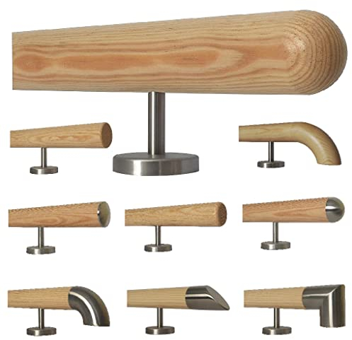 TIBU Kiefer Holz Handlauf Geländer 0,3m - 5m, Länge 110 cm, Ende Halbkugel gefräst und 2 gerade Halter