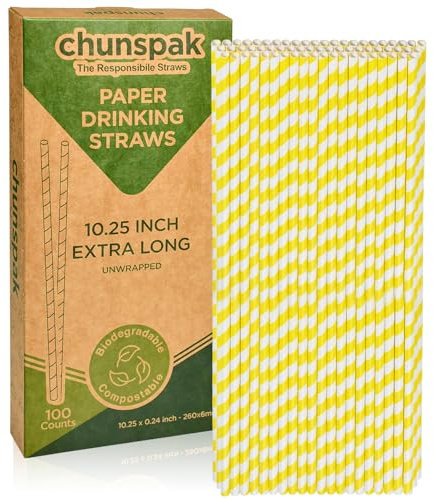 Yellow White Striped Paper Drinking Straws, 10.25 Inch Long, 0.24 Dia. - For Cocktail, Soda, Tall Bottles - 100 PCS
