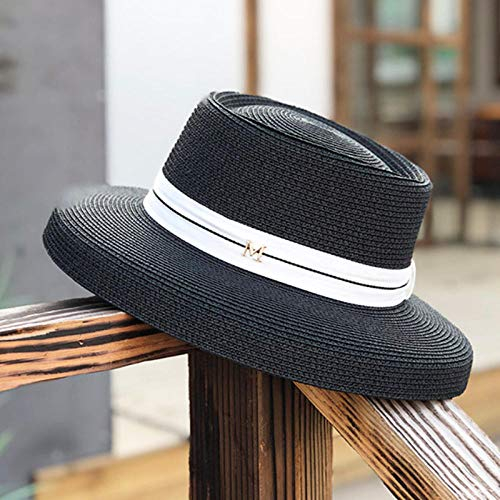 Sonnenhut Strohhut Hut Damen Sonnenhüte Frauen Mode Strohhut Band Schleife Strandhut Lässig Stroh Flachoberteil Panamahut-Schwarz_56-58Cm
