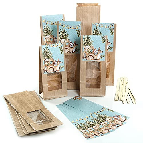 Logbuch-Verlag Lot de 10 sachets à biscuits avec fenêtre 26,5 x 8,5 x 5 cm + autocollant de Noël style Hygge – Emballage de Noël adapté pour les aliments