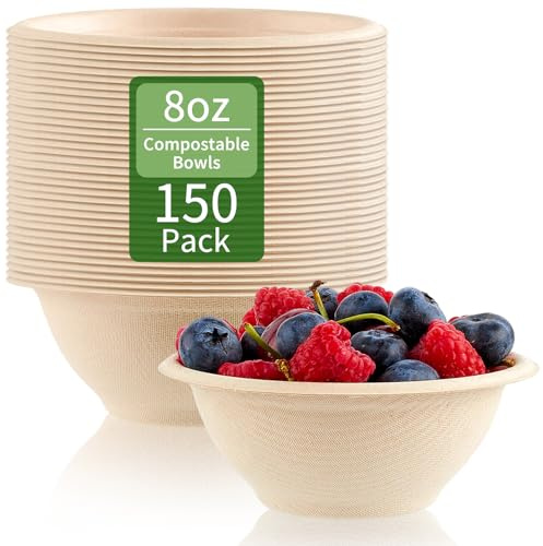 ZORRITA 150 Pack 8 oz Compostable Paper Bowls Small Disposable Soup Bowls Natural Sugarcane Biodegradable Bowls for Ice Cream, Desserts, Salads, Pet Food