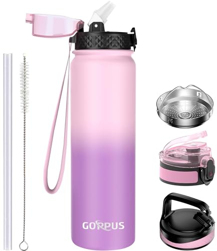 GOPPUS 1L/32oz Thermosflasche mit Strohhalm Doppelschicht Edelstahl Trinkflasche 1 Liter Isolierflasche Auslaufsicher Sport Wasserflasche Kohlensäure Water Bottle Trinkflaschen BPA-frei Wasser Flasche