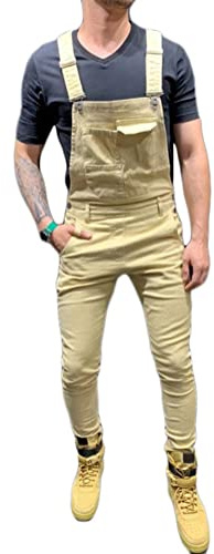 ORANDESIGNE Salopette Uomo in Denim Casual Pantaloni Strappati Uomo in Tinta Unita Salopette Uomo Jeans Slim Fit Moda Ragazzo Jumpsuit Pagliaccetti da Lavoro con Bretelle