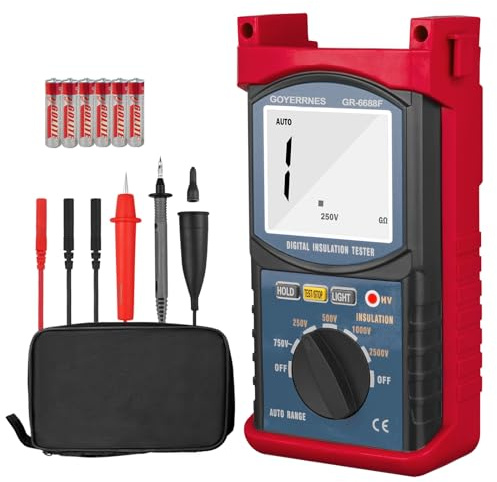 Digital Megohmmeter,GR-6688F Tragbares Megohmmeter,20G Ohm Digitale Isolationswiderstand mit Reichweite 250V/500V/1000V/2500V,Datenhaltung und Hintergrundbeleuchtung,Prüfung für Kabel Motoren