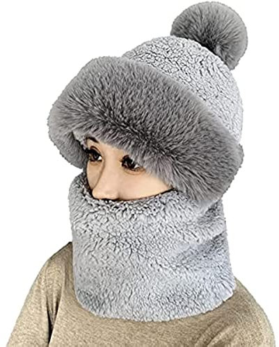 Vagbalena Winddichter Schal für Damen gestrickt 3-in-1-Winter-Plüsch-Mütze winddichter Schal Gesichtsmaske einteiliger Winter-Winddichter Kapuzenschal (Grau,Eine größe)