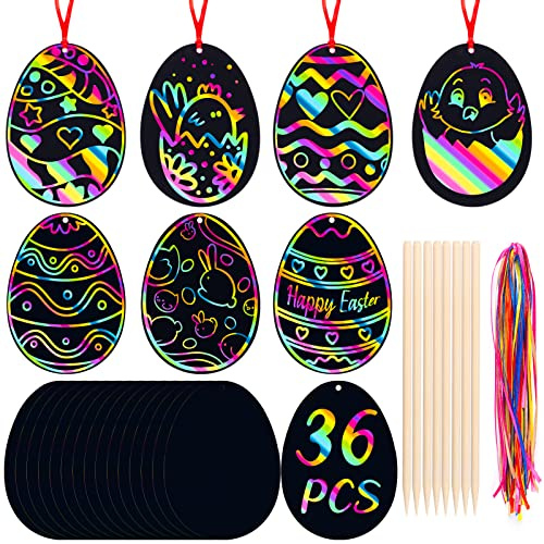 MELLIEX 36 Stück Ostern Kratzbilder Kinder, Ostereier Kratzpapier Bastelset für Ostern Anhänger Dekoration DIY Handwerk