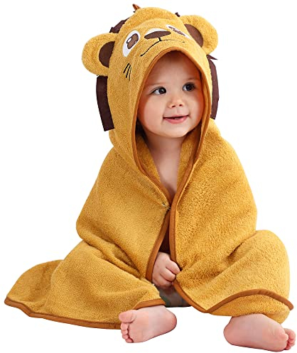 COOKY.D Asciugamano con Cappuccio in Bambù per Neonati e Bambini Coperta Indossabile con Cappuccio a Forma di Animale,Leone 75x75 cm