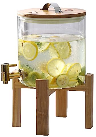 Dispenser per Bevande in Vetro con Rubinetto in Acciaio Inossidabile 5L/8L/10L Dispenser per Bevande a Prova di perdite con Supporto in Legno, Bocca Larga Facile da riempire - Brocca in Vetro 8L