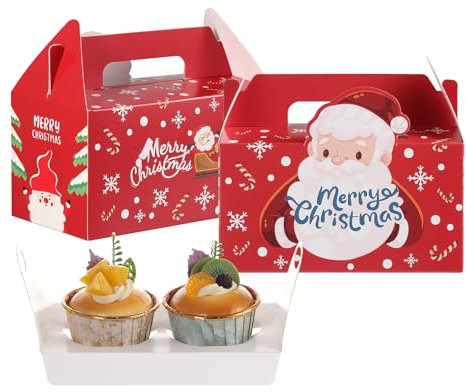 TsunNee Cupcake-Box, 50 Stück, Weihnachts-Cupcake-Träger-Kuchenbox mit Einsatz, Weihnachts-Leckerli-Box, Geschenkbox, verstellbares Papptablett, ideal für Gebäck, Kekse, Kekse, Dessert, Donut usw.