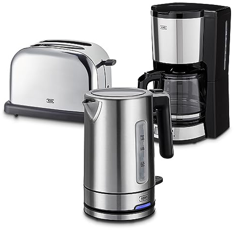 KHG Frühstücksset 3-teilig Wasserkocher, Toaster & Kaffeemaschine | Edelstahl silber Chrom, Kapazität 1 L, 2 Toast Scheiben & 12 Tassen Kaffee, präziser Ausgießer, 6 Röststufen