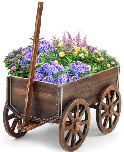 Beeveer Holz Wagon Pflanzkasten Garten Pflanzkasten mit Wagenrollen Blumenwagen Terrasse Garten Balkon Deko Braun (Classic) 59,0x29,0x33,0cm