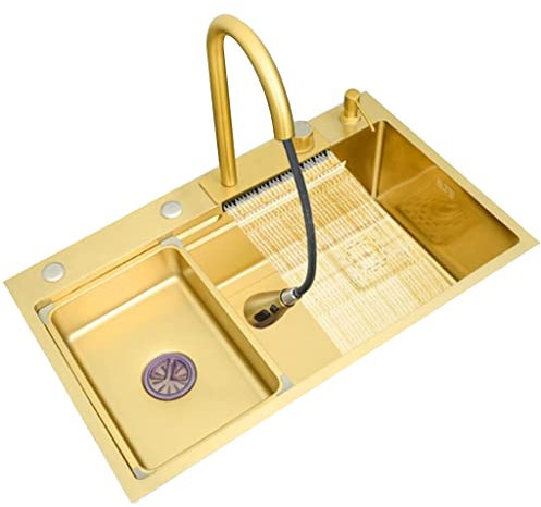 Hochwertiges goldenes Edelstahlspülbecken mit einer Schüssel, Wohnungsküche, Einzelbeckenspüle, integriertes Gemüsespülbecken, Haushaltsgeschirrspülbecken, Spülbecken mit Wasserhahnzubehör (Farbe: Go