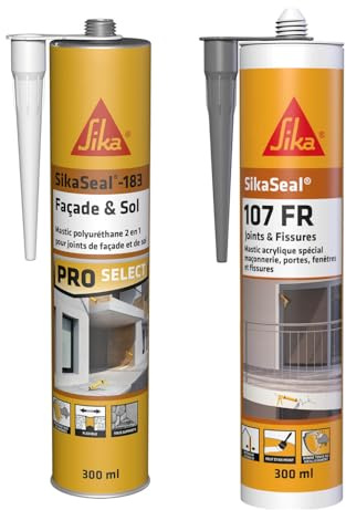 Sika - SikaSeal-183 Façade & Sol, Ton pierre, Mastic Polyurethanne souple pour joints de façade & eal 107 Joint et Fissures Gris, Mastic acrylique professionnel multi support pour joints