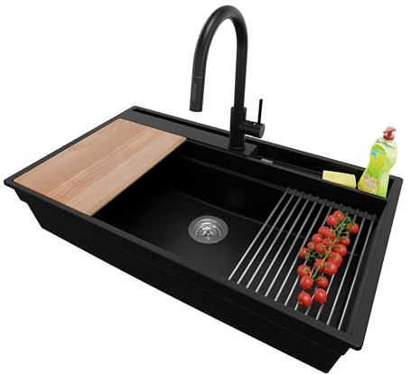 PRIMAGRAN Evier Cuisine en Granit au Meuble 90cm + Robinet, 88x53cm | Set: Robinet BW9010 + Kit de Vidage (Siphon, bonde d’évacuation, trop-plein) + Lavabo 1 Bac - Oslo, Noir