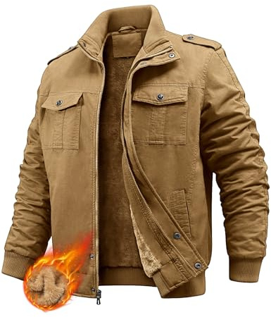 PASUDA Vinterjacka för män fleecefodrad kappa varm bomull militärjacka bomber cargorockar med flera fickor termiska tjocka vindjacka för arbete vardag utomhus, Khaki, L