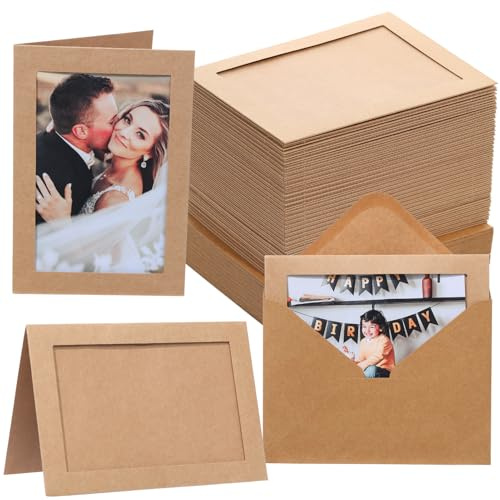 Photo Folders for 4x 6 Picture,Photo Insert Note Cards with Envelopes,Paper Picture Frames Photo Card Holder Ideal for Mother's Day,Christmas,New Year,Wedding, Birthday,Classroom DIY(Kraft, 50 Count)