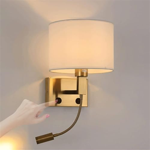 GZZBMY E27 Chambre Applique Murale avec Interrupteur Lampe Murale avec LED Rotative Projecteur Bras Éclairage Mural Blanc Tissu Abat Jour Luminaire Mural Moderne Minimaliste pour Salle Hôtel (Doré)
