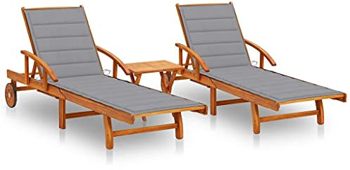 Annlera Sonnenliege Relaxliege aus Holz mit Tisch und Grau Auflage Liegestuhl 2 STK. Gartenmöbel Klappbare Liegenauflage für Garten Terrasse oder Balkon Ergonomischen Designs 199x67x85 cm