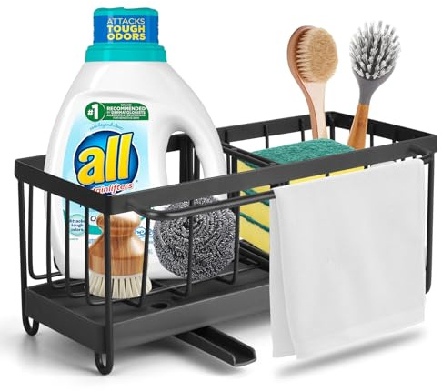 Sink Caddy Tidy Kitchen Sink Organiser Black Metal Sponge Holder with Self Drain Tray and Drainage,Dish Cloth Holder,Washing Up Caddy for Kitchen Bathroom