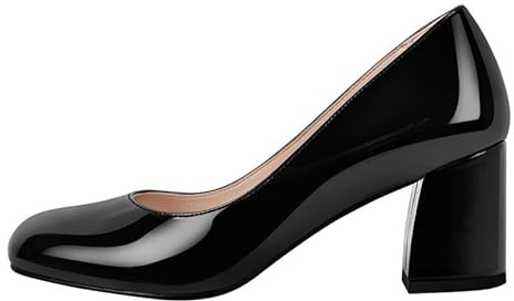 Meinabsatz Escarpins à talon bloc pour femme Chaussures rondes à enfiler vernies, Noir , 44 EU