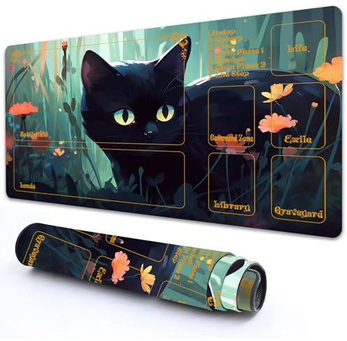 RMJKXQZG for MTG Playmat with Zones 24 x 14 with High Elastic Rubber Base Non-Slip Rubber Sole HD Printing for MTG Mat Magic Mat Card Playmat Magic Playmat Mouse Pad, Black Cat in The Flowers