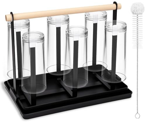 BBWELL 6-Flaschenhalter,Stabiler ​​Flaschen abtropfständer mit Holzgriff & Reinigungsbürste,Inkl.Abnehmbarer Schwarzer Tropfwanne,​​Flaschenständer für Flaschen/Tassen/Kaffeebecher