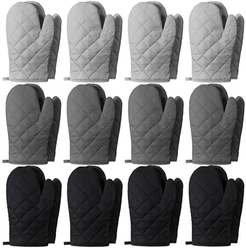 Geyoga 12 Pairs Oven Mitts Heat Resistant Kitchen Long Oven Gloves Mitts Thick Cotton Winter Quilted Baking Flexible Glove Bulk for Cooking BBQ Picnic Kitchen Grilling 10.6 Inch(Black Gray Color)