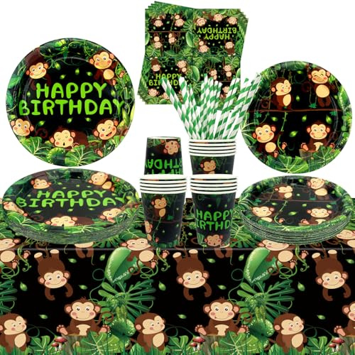 Fournitures de fête singe – Vaisselle de fête – Assiettes à dessert, assiettes, tasses, serviettes, nappes, pailles pour animaux de la jungle sauvage, singe, fournitures d'anniversaire, pour 20