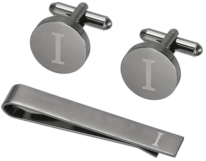 PATIKIL Gemelos Para Hombre, Set De Gemelos Y Clip Para Corbata Con Inicial Para Hombre Personalizados Clásicos De Cobre Y Barra De Corbata Para Padre Esposo Hijo, Letra I (Negro)