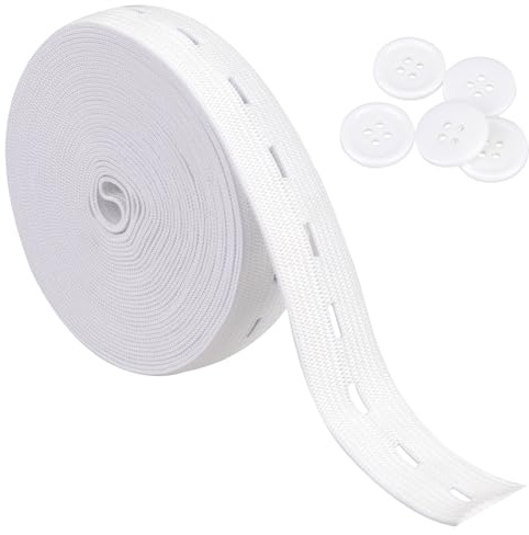 FdcLixuvol 5m Gummiband zum Nähen Weiß 20 mm Breit Elastisches Band Dick Hosengummi Flaches Nähband mit 5 Stück Knöpfe Taillenspanner Gummizug Gummilitze für DIY Handwerk, Kleidung