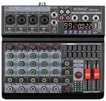 Mesa de Mezclas, Mezclador de efectos de 6 canales 99DSP Control de ecualizador de 7 bandas Con monitoreo de auriculares con Bluetooth MP3 Salidas de 6.35 mm